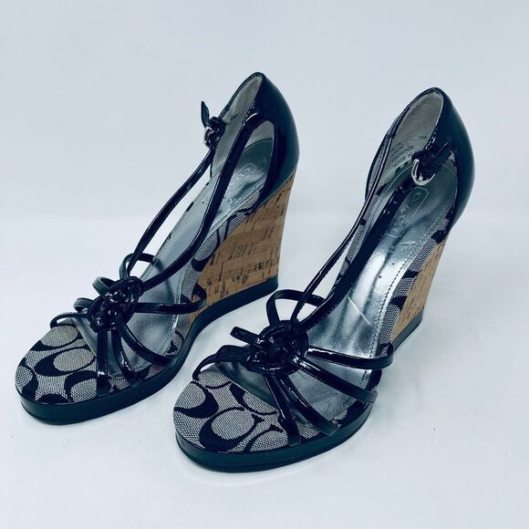 Coach Joslin Black Open-Toe Cork Heel Wedge Sandals Women's 7M - Great Condition - Picture 3 of 11